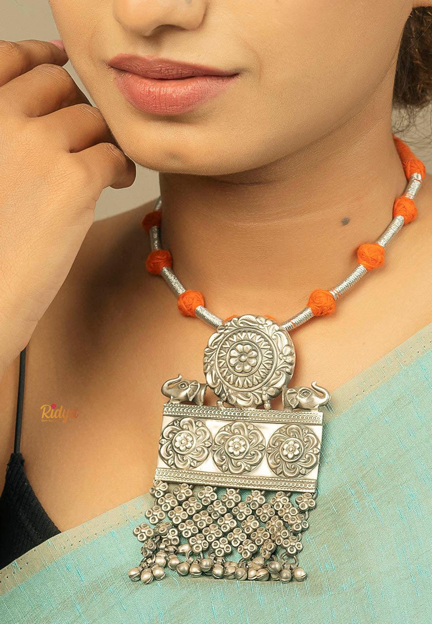 925 Pure Silver Necklace-Floral Details Floral Ghungru Drops Royal Necklace (2) Ridya Fashions