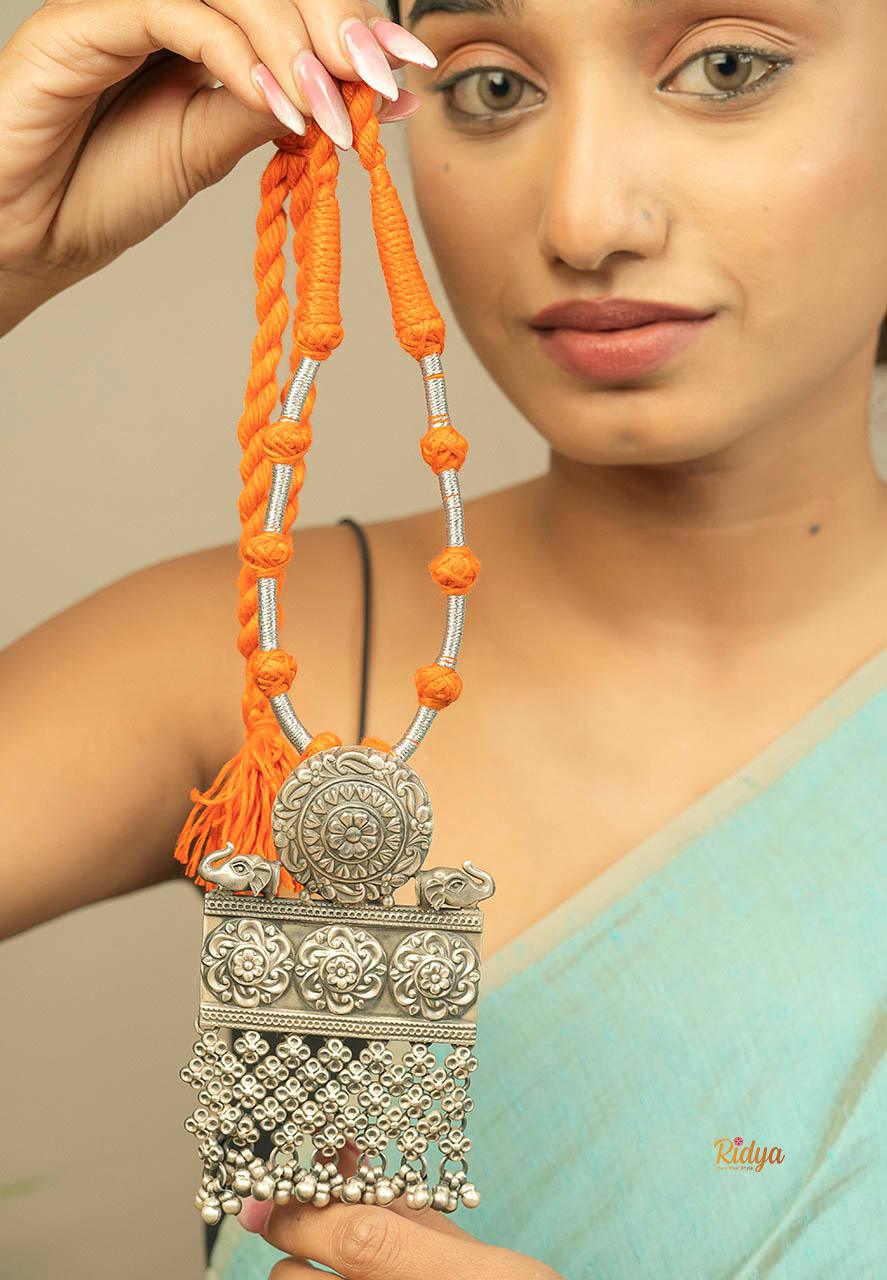 925 Pure Silver Necklace-Floral Details Floral Ghungru Drops Royal Necklace (3) Ridya Fashions