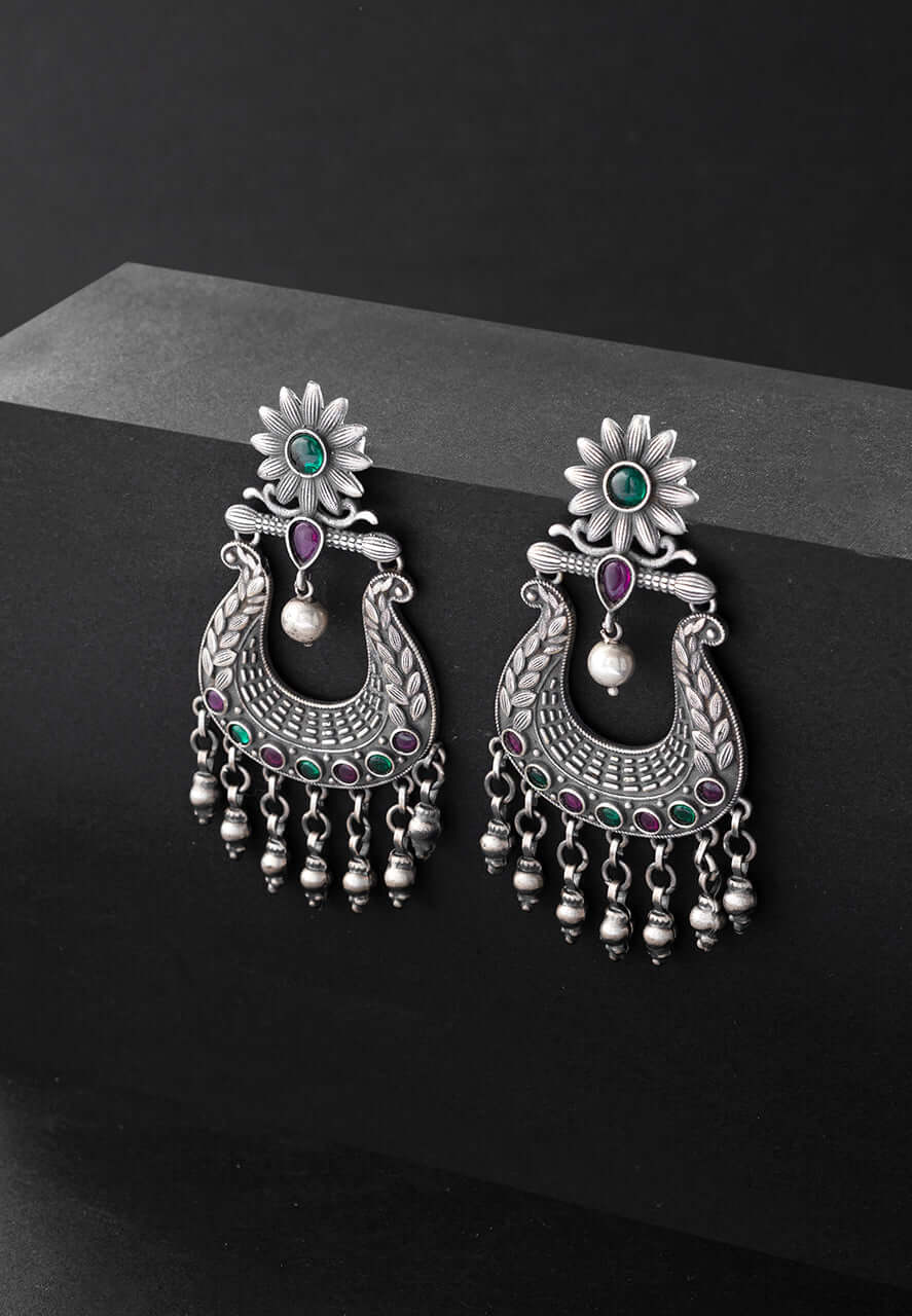 925 Silver Jhumka Earrings-Floral Details Stone Studded Jadau Chandbali Earrings (3) Ridya Fashions