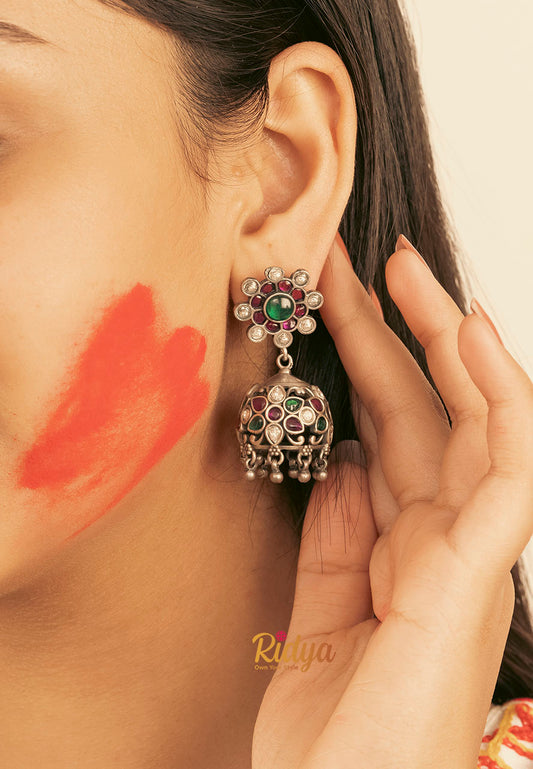  925 Silver Earrings- Floral Details Stone Studded Jadau Jhumka Earrings (1) Ridya Fashions