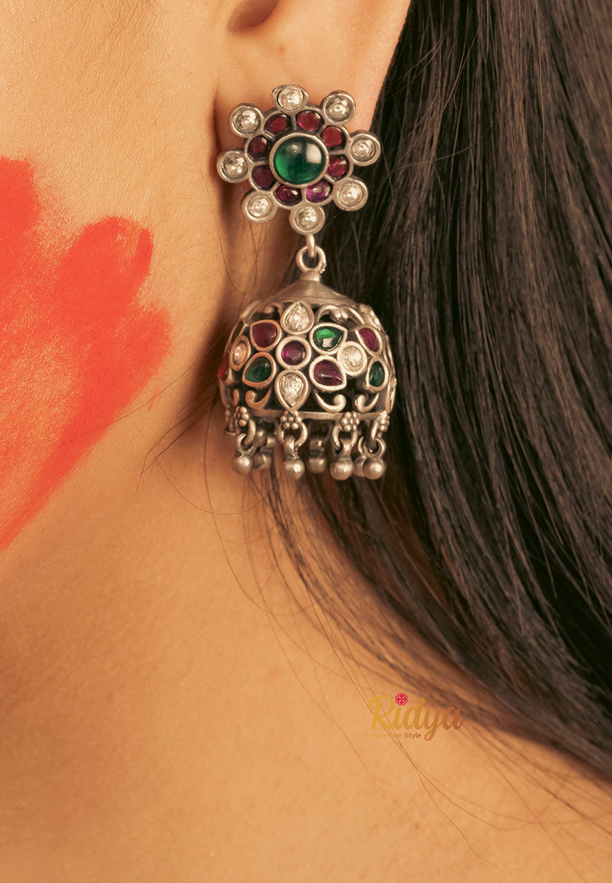  925 Silver Earrings- Floral Details Stone Studded Jadau Jhumka Earrings (2) Ridya Fashions