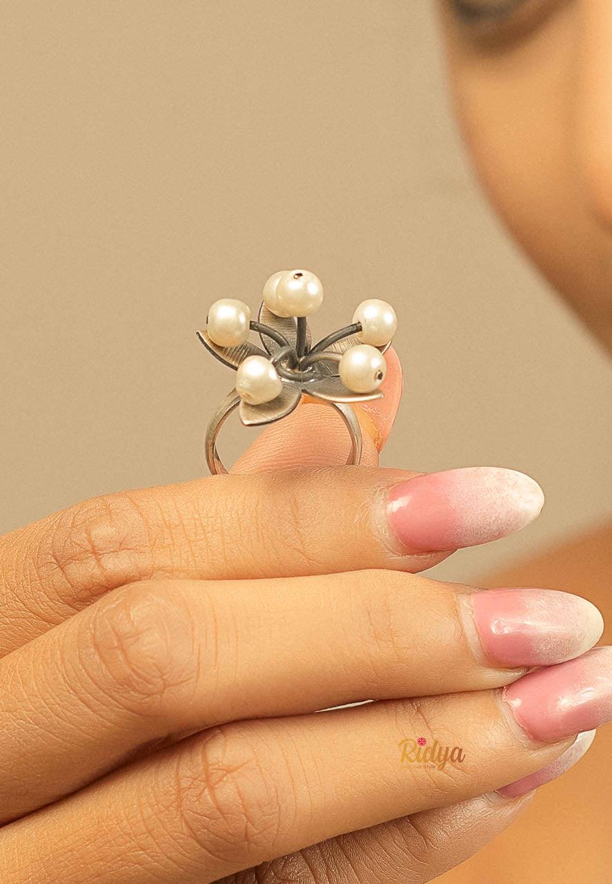 Silver Ring For Women-Floral Pearl Casual Ring (3) Ridya Fashions