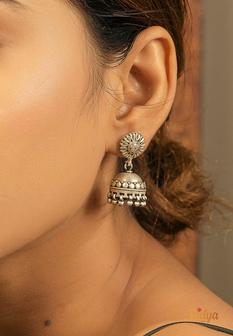 925 Pure Silver Earrings-Flower Embossed Daana Detailed Small Jhumka Earrings (1) Ridya Fashions