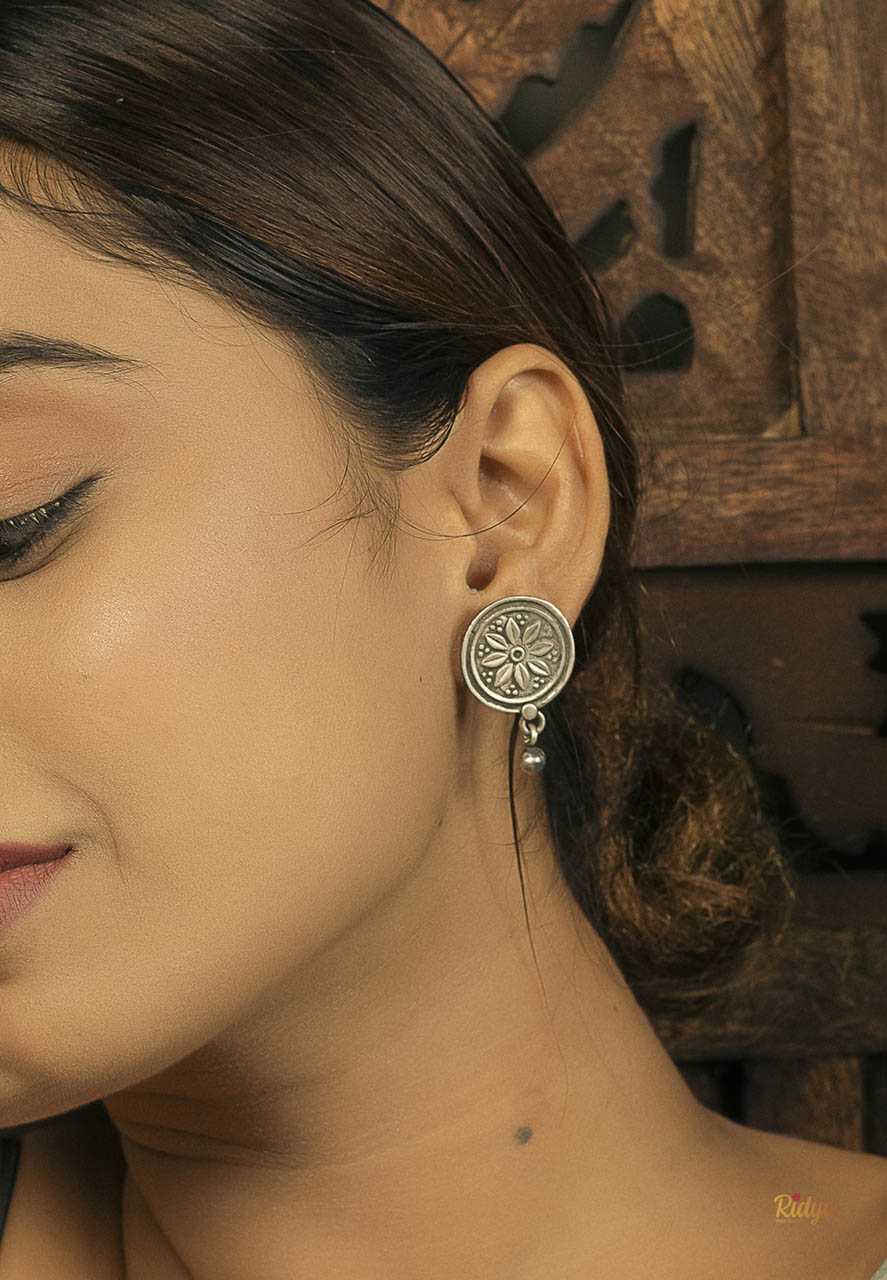 925 Pure Silver Earrings-Flower Embossed Ghungru Drop Everyday Stud Earrings (2) Ridya Fashions