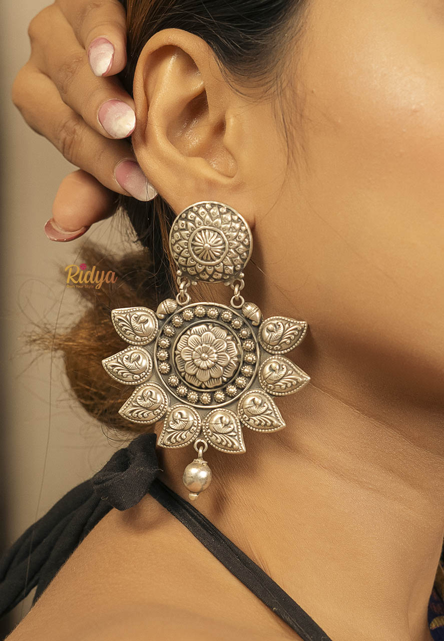 Designer Silver Earrings-Flower Embossed Kari and Ball Royal Dangler Earrings (2) Ridya Fashions