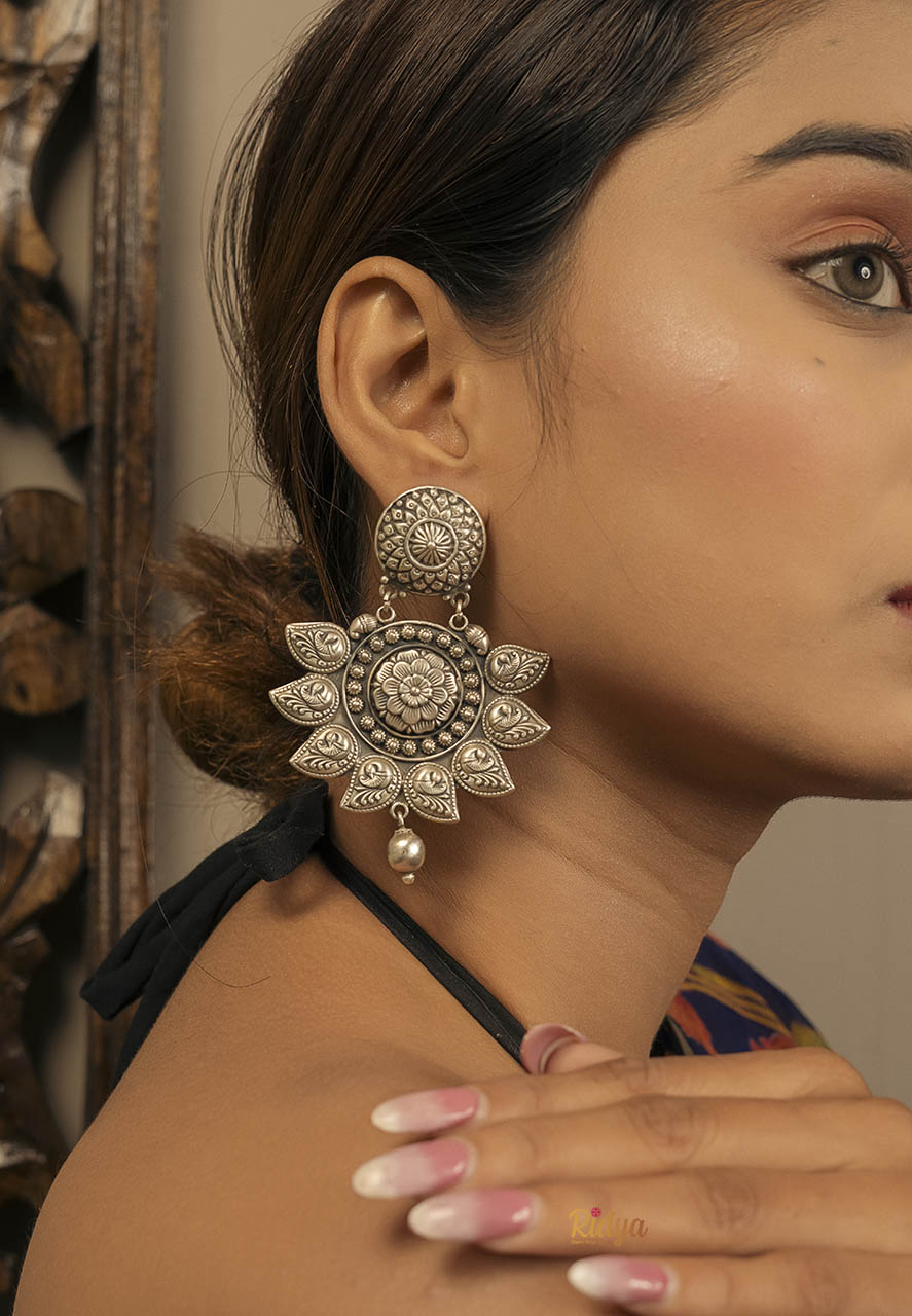 Designer Silver Earrings-Flower Embossed Kari and Ball Royal Dangler Earrings (3) Ridya Fashions