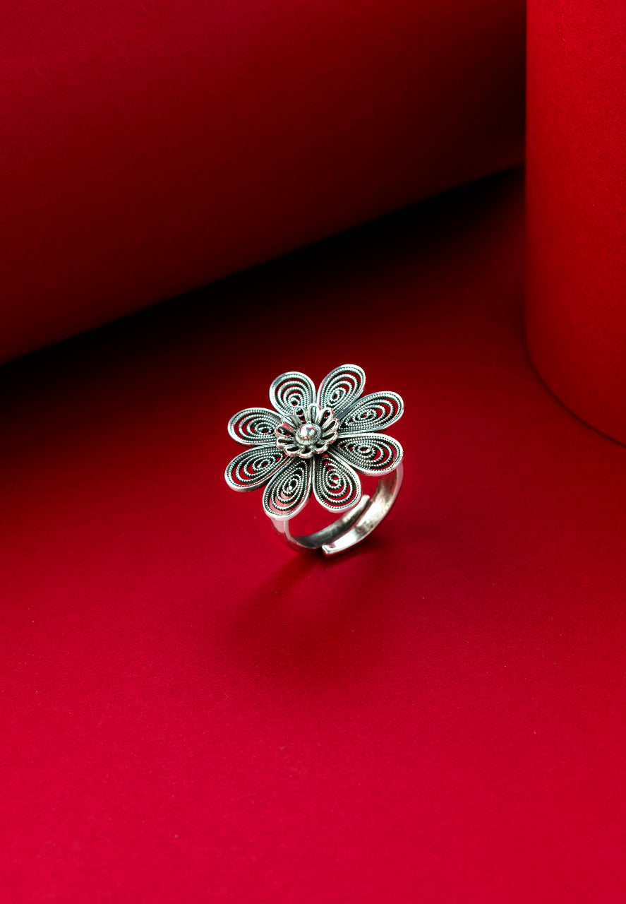 Silver Rings-Flower on Flower Intricate Work Ring (2) Ridya Fashions