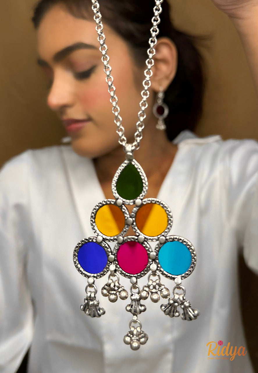 Buy Pure Silver Necklace- Ghungru Drop Glass Pendant Stylish Chain Necklace Set (1) Ridya Fashions