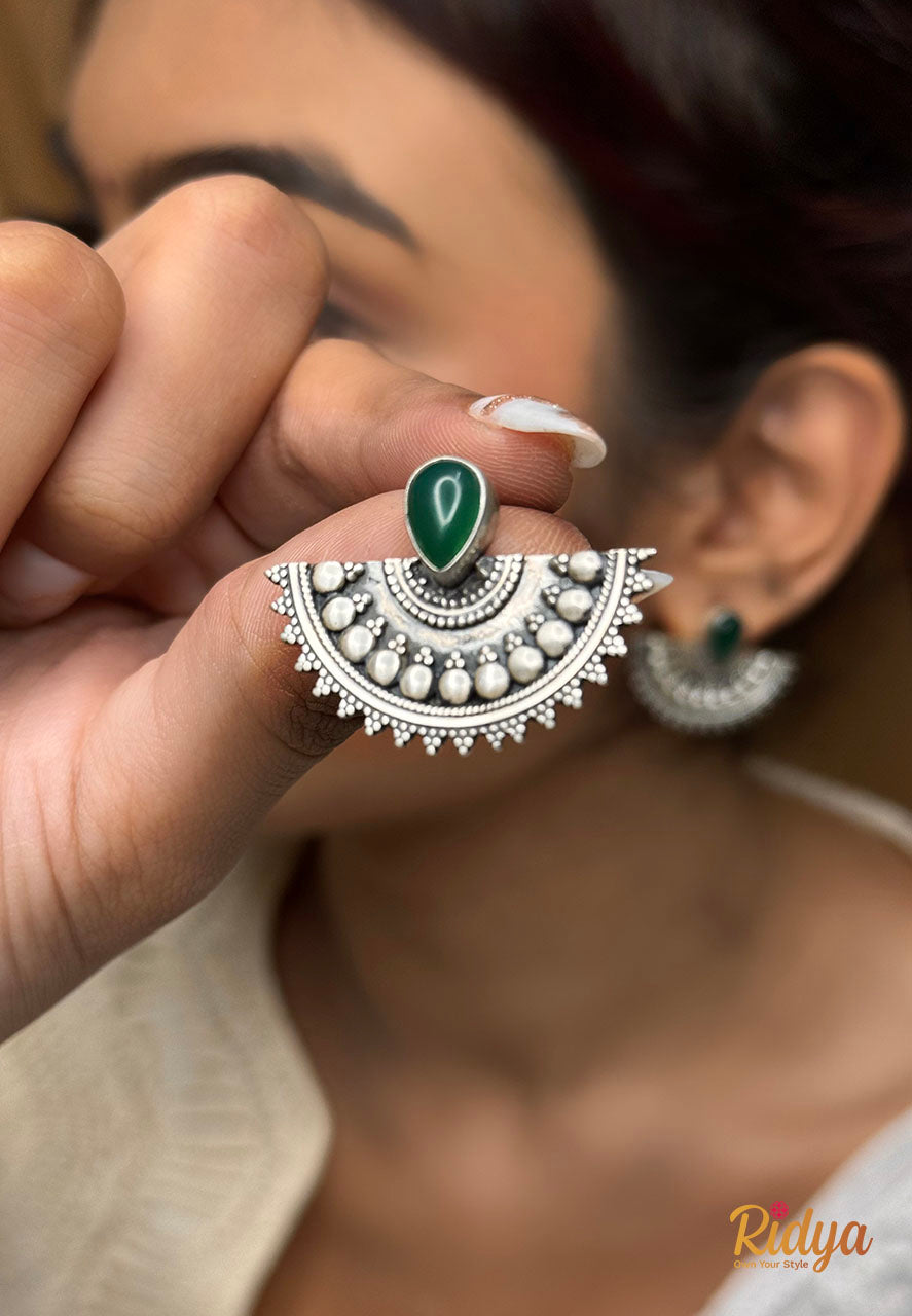 Shop Pure Silver Earrings- Green Stone Half Moon Stud Earrings (2) Ridya Fashions