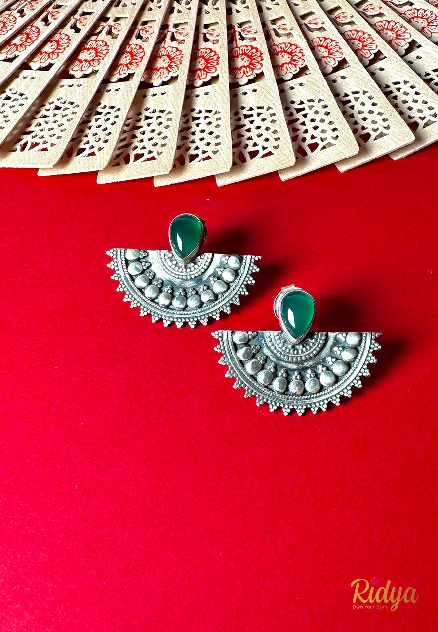 Shop Pure Silver Earrings- Green Stone Half Moon Stud Earrings (5) Ridya Fashions