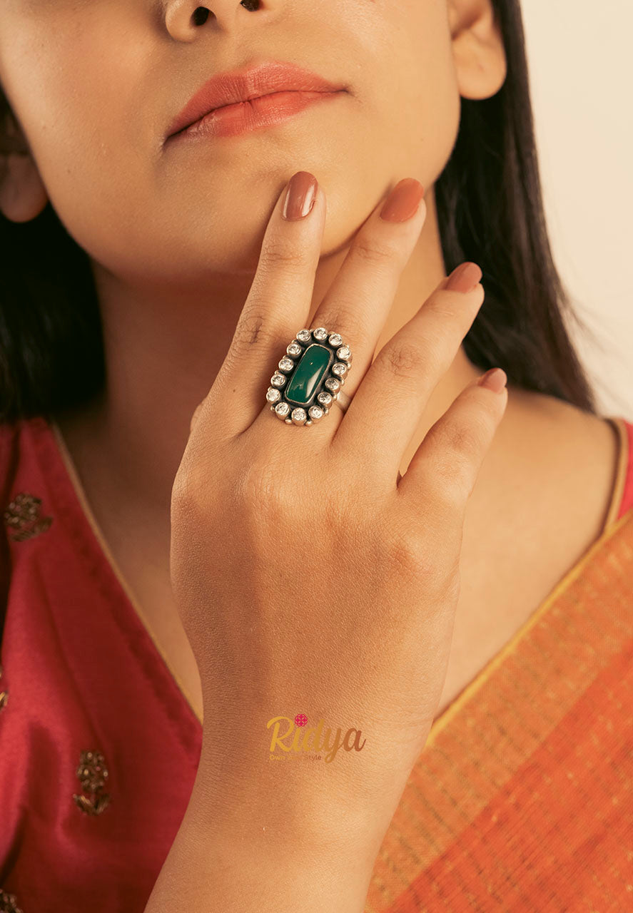 925 Silver Rings-Green Stone Rectangular Festive Ring (2) Ridya Fashions