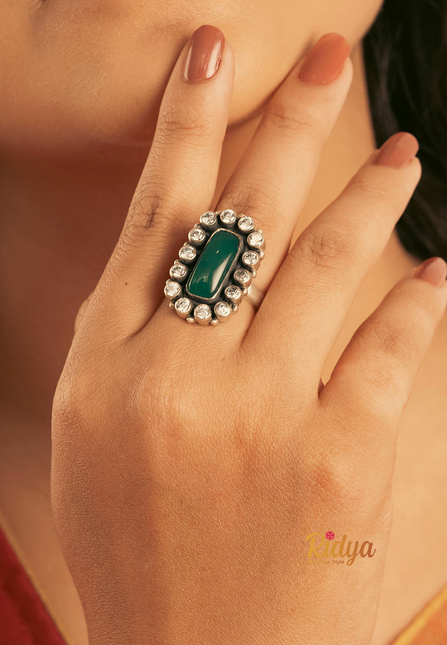 925 Silver Rings-Green Stone Rectangular Festive Ring (3) Ridya Fashions