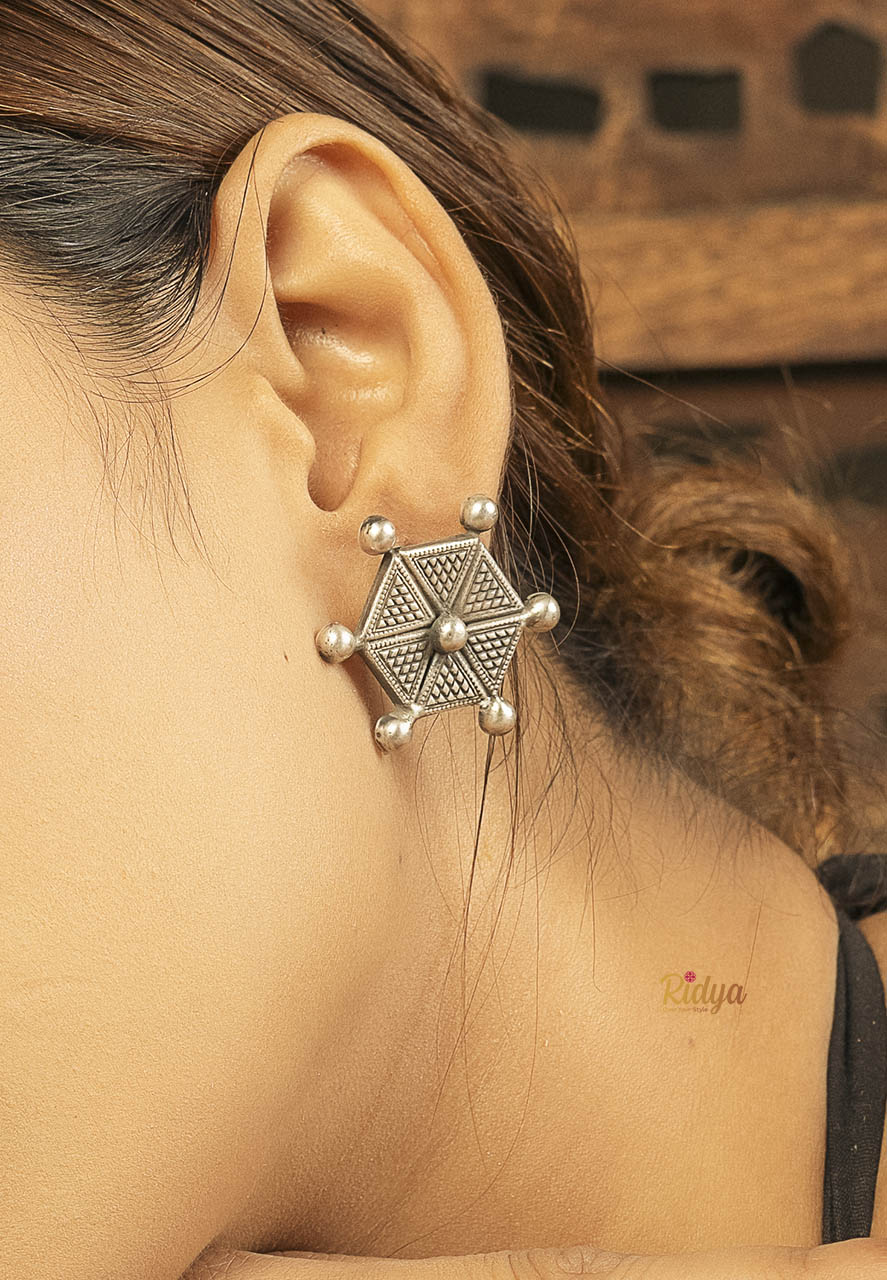 925 Pure Silver Earrings-Hexagon Geometric Details Stud Earrings (2) Ridya Fashions