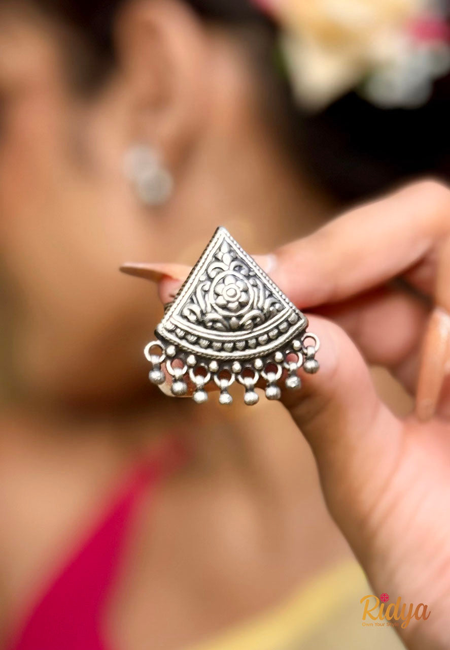 925 Silver Necklace- Floral Details Carved Triangle Ghungri Ring (2) Ridya Fashions