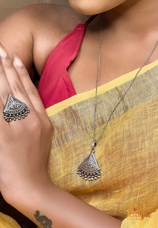 Pure Silver Necklace- Floral Details Carved Triangle Ghungri Necklace and Ring Set (1) Ridya Fashions