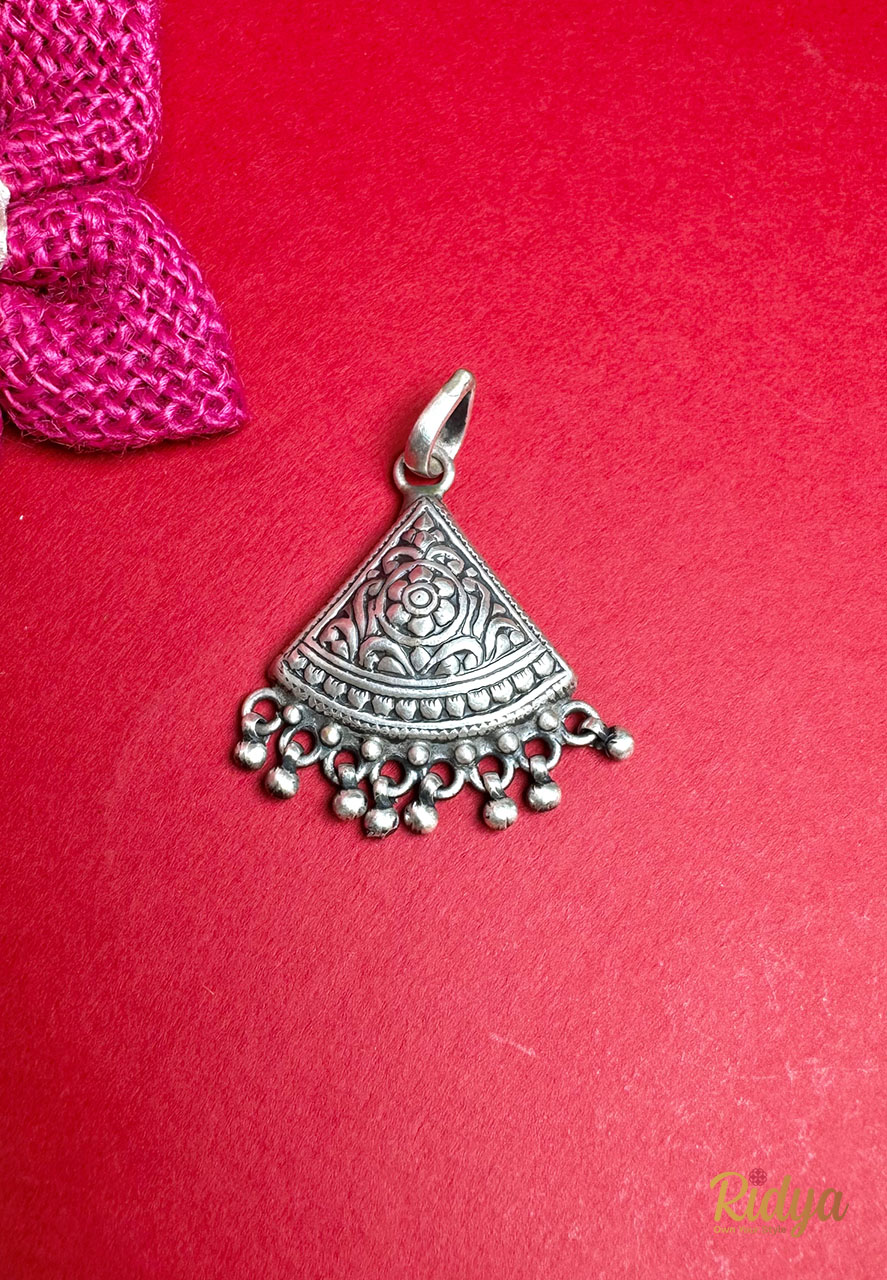 Pure Silver Pendant- Floral Details Carved Triangle Ghungri Pendant (2) Ridya Fashions