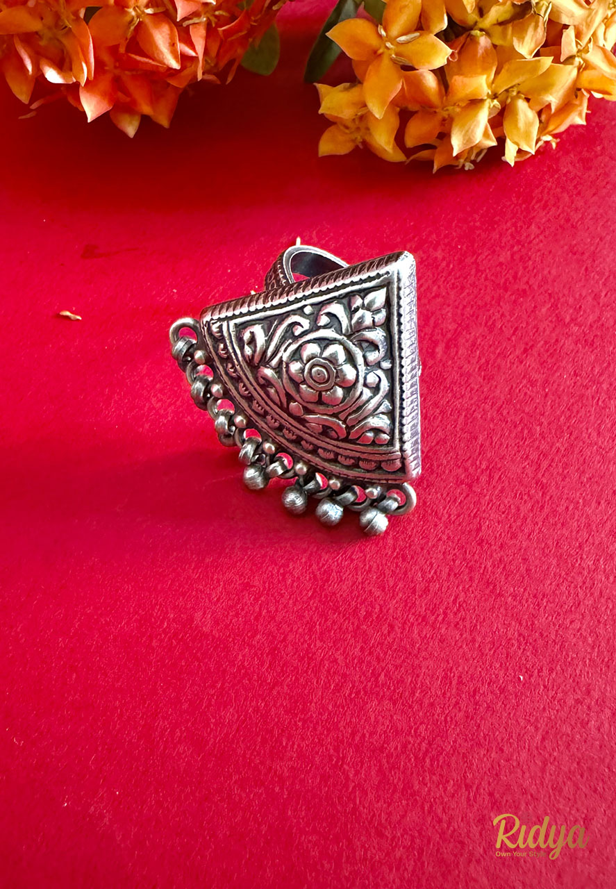 925 Silver Necklace- Floral Details Carved Triangle Ghungri Ring (4) Ridya Fashions