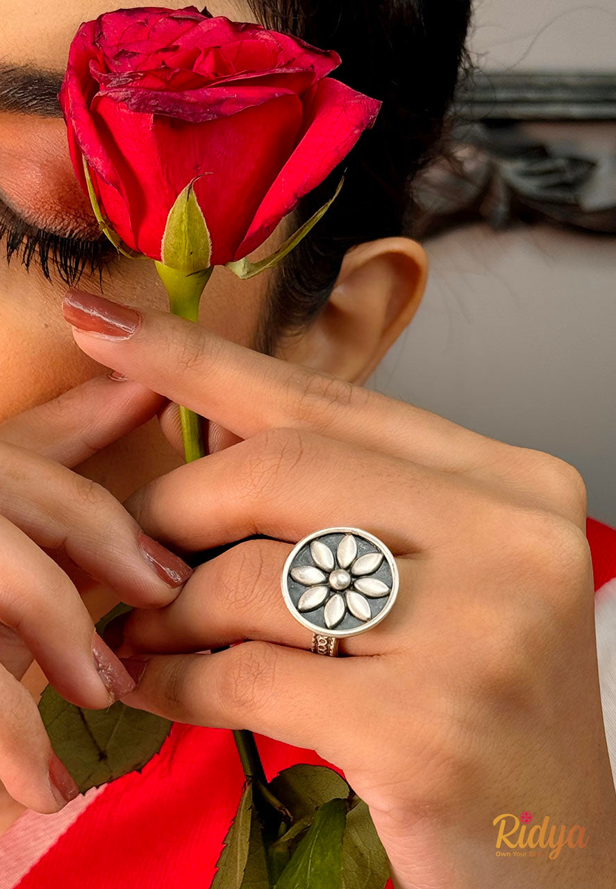 Silver Rings for women- Floral Coin Elegant Ring (1) Ridya Fashions