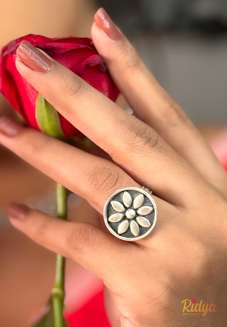 Silver Rings for women- Floral Coin Elegant Ring (3) Ridya Fashions