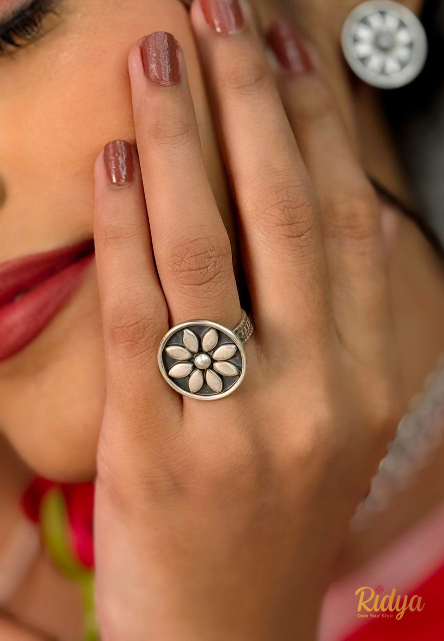 Silver Rings for women- Floral Coin Elegant Ring (2) Ridya Fashions