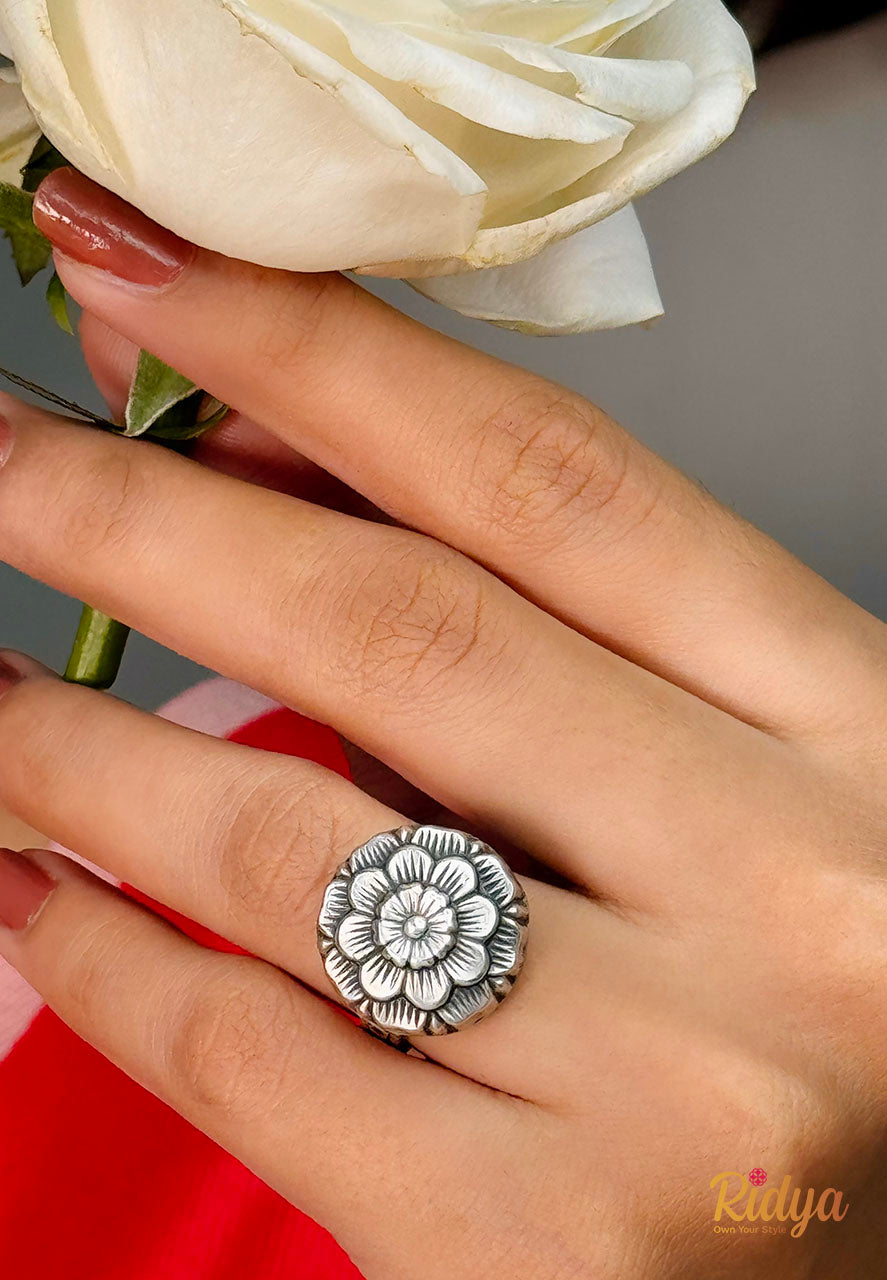 Silver Rings for Women and girls-Textured Rose Elegant Ring (3) Ridya Fashions