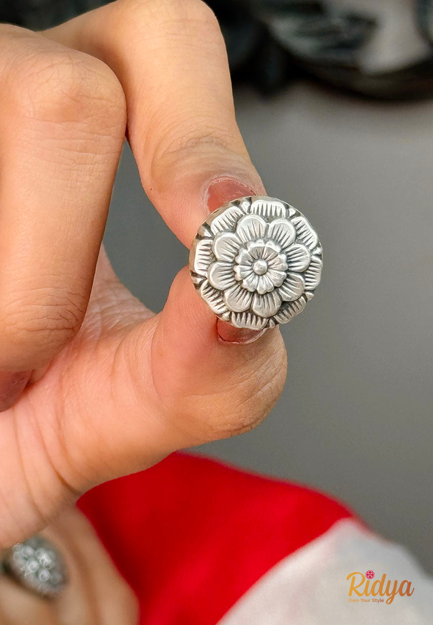 Silver Rings for Women and girls-Textured Rose Elegant Ring (4) Ridya Fashions