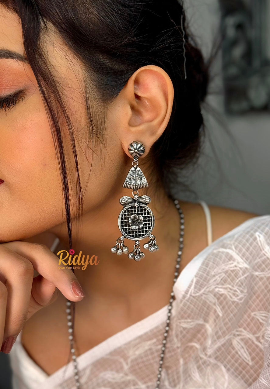 Pure Silver Necklace Set-Jaali Carving Statement Ball Chain Necklace and Earring Set (5) Ridya Fashions