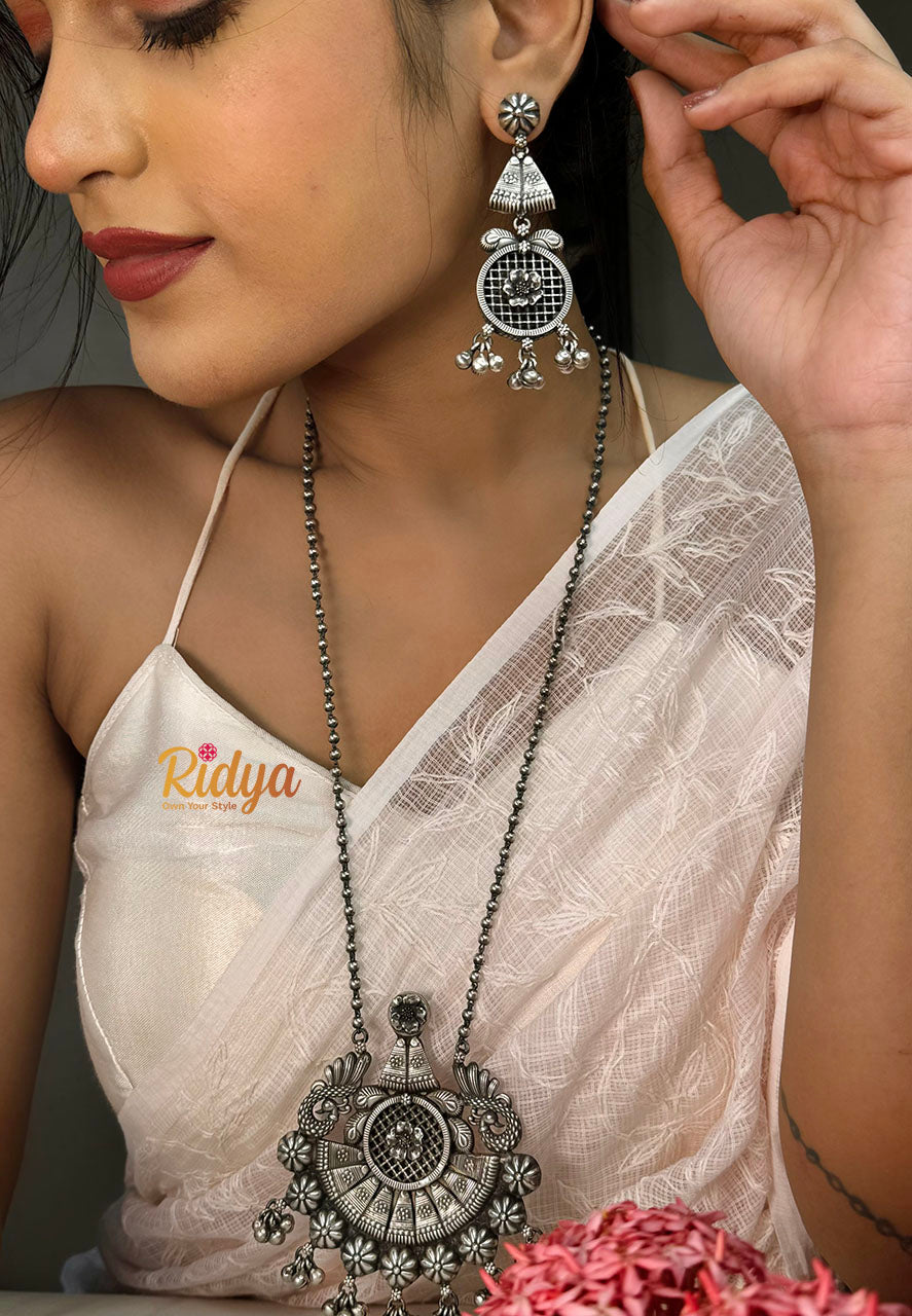 Pure Silver Necklace Set-Jaali Carving Statement Ball Chain Necklace and Earring Set (2) Ridya Fashions