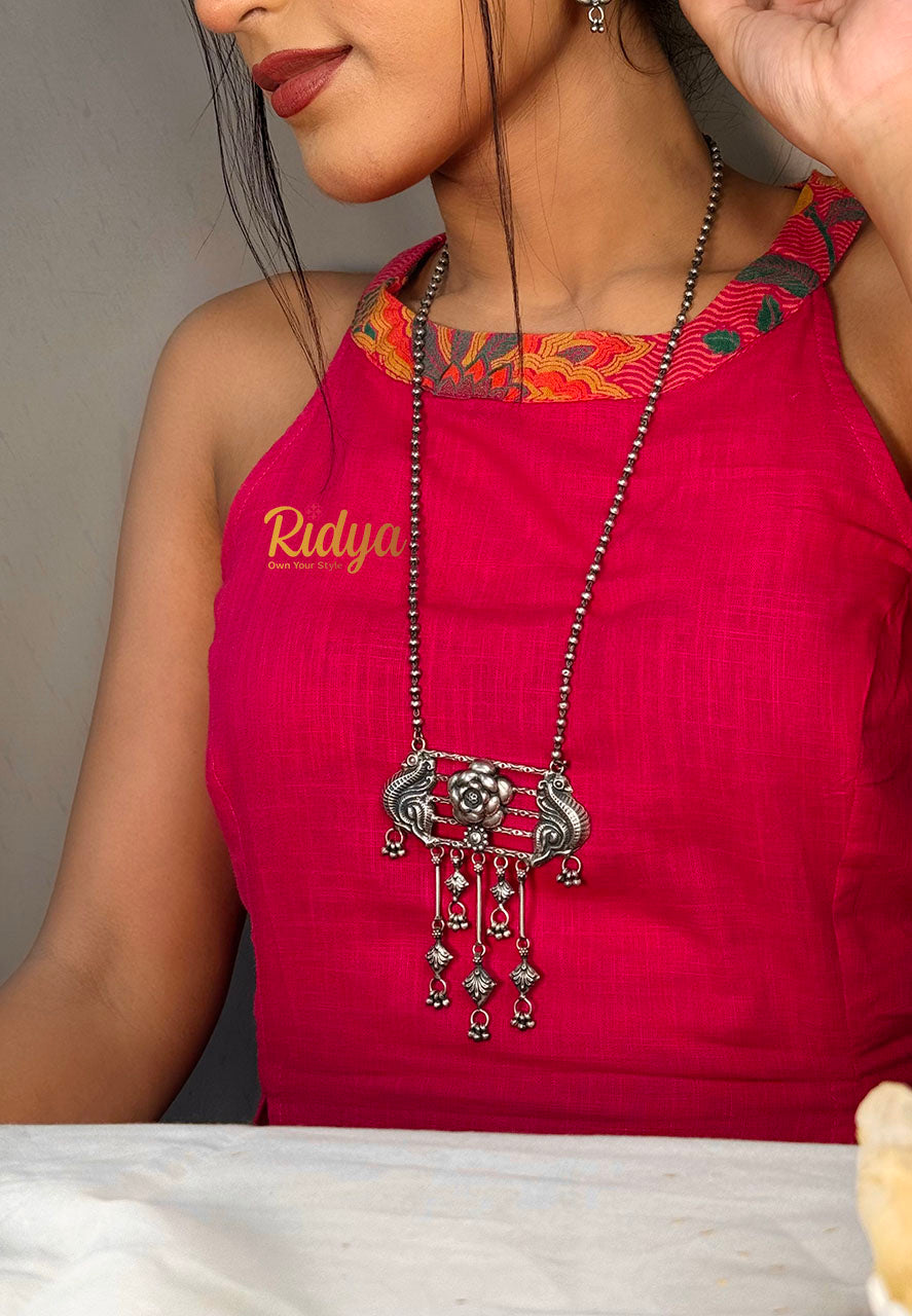 Ball Chain Silver Necklace-Peacocks on a Rose Everyday Ball Chain Necklace (1) Ridya Fashions