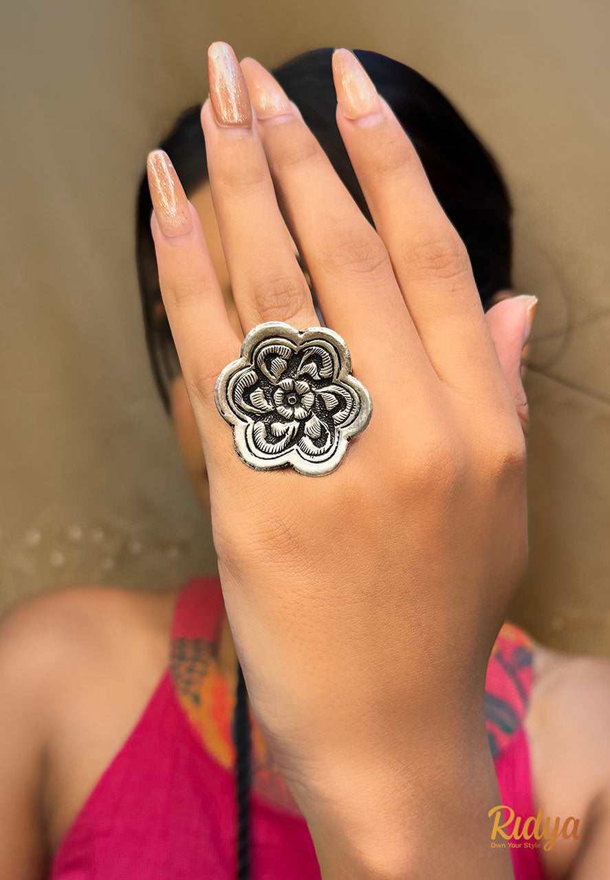 92.5 Silver Ring Design-Detailed Chitai Work Flower Ring (3) Ridya Fashions