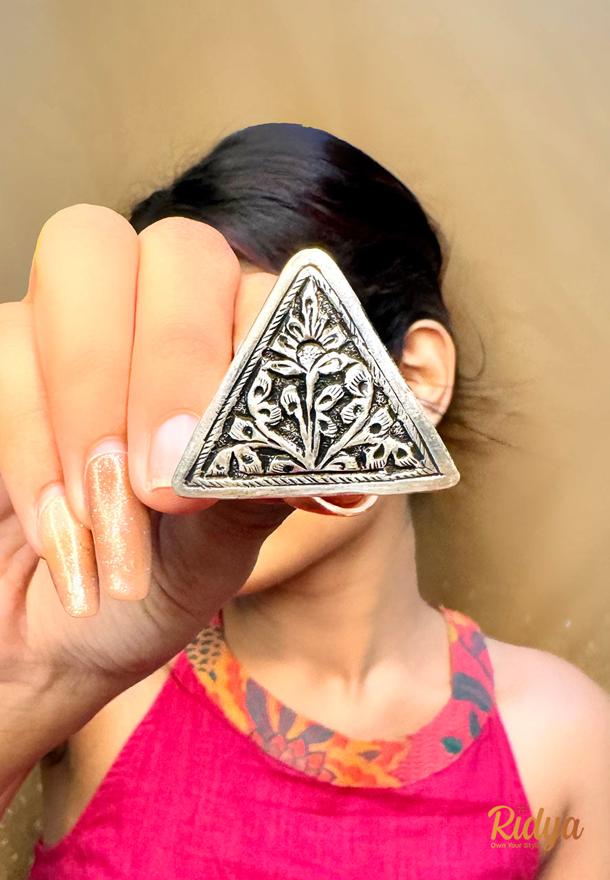 Buy Silver Ring Online-Detailed Chitai Work Triangle Ring (1) Ridya Fashions