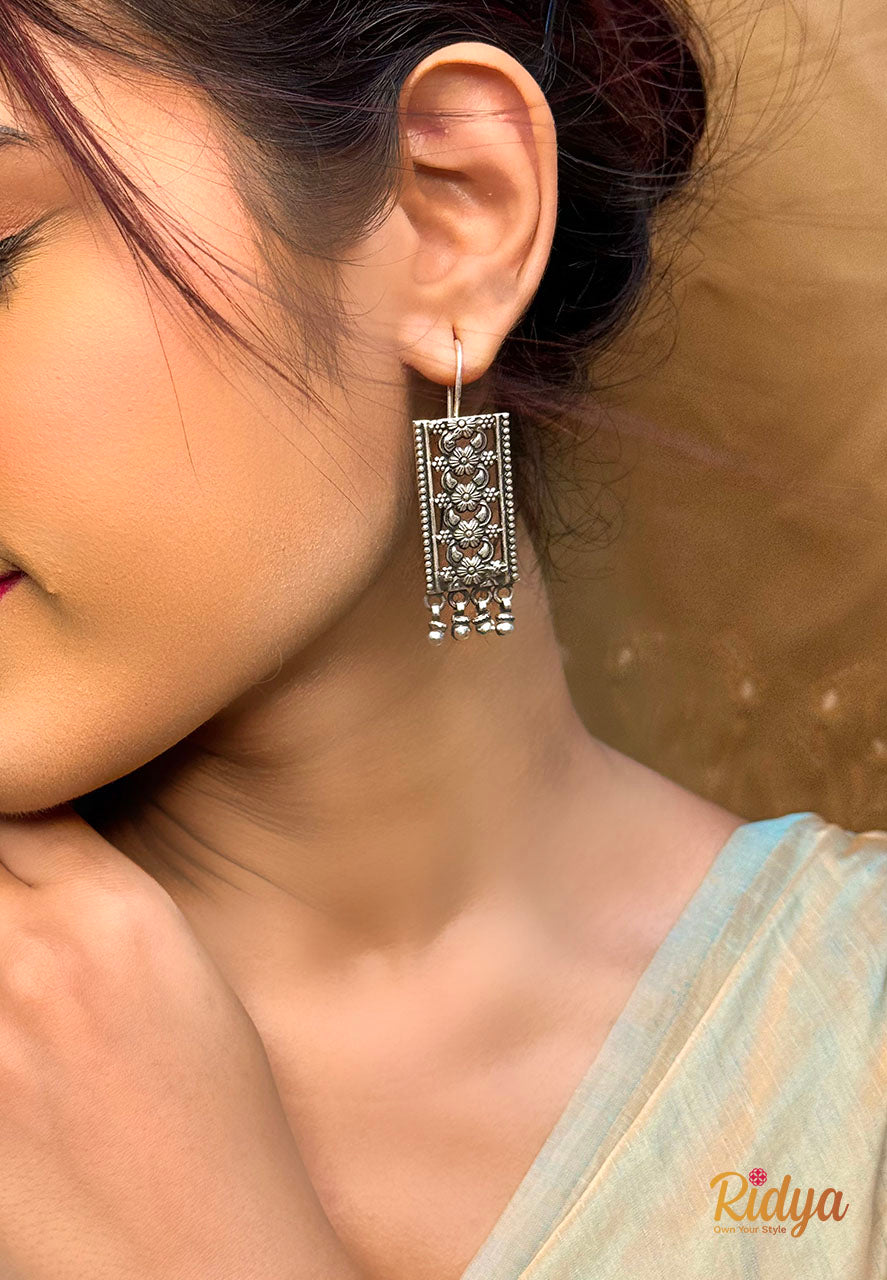 Pure Silver Earrings Online-Intricate Floral Details Fish Hook Earrings (1) Ridya Fashions