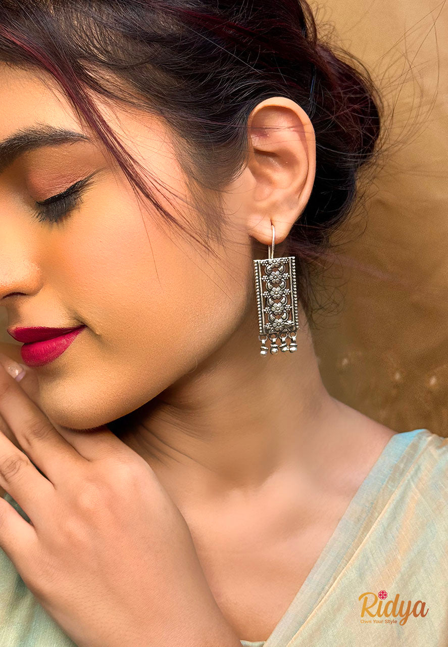 Pure Silver Earrings Online-Intricate Floral Details Fish Hook Earrings (2) Ridya Fashions