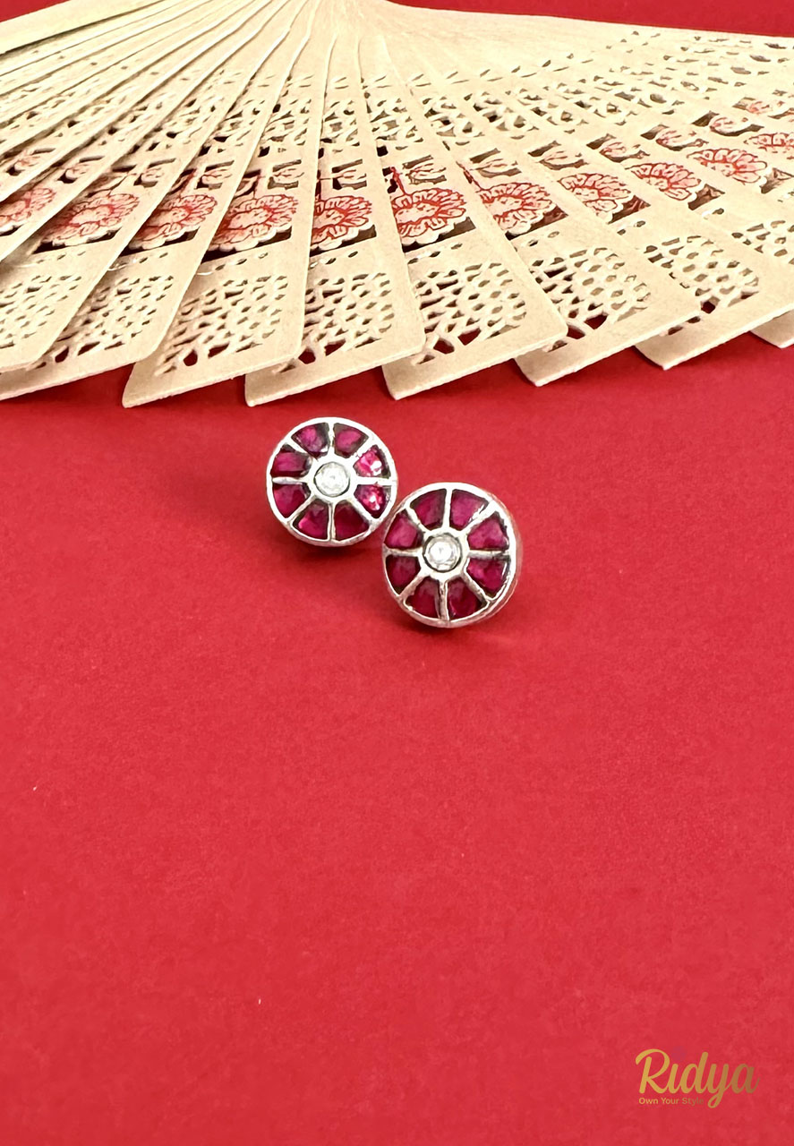 Pure Silver Stud Earrings-Pink Stone Round Stud Earrings (3) Ridya Fashions