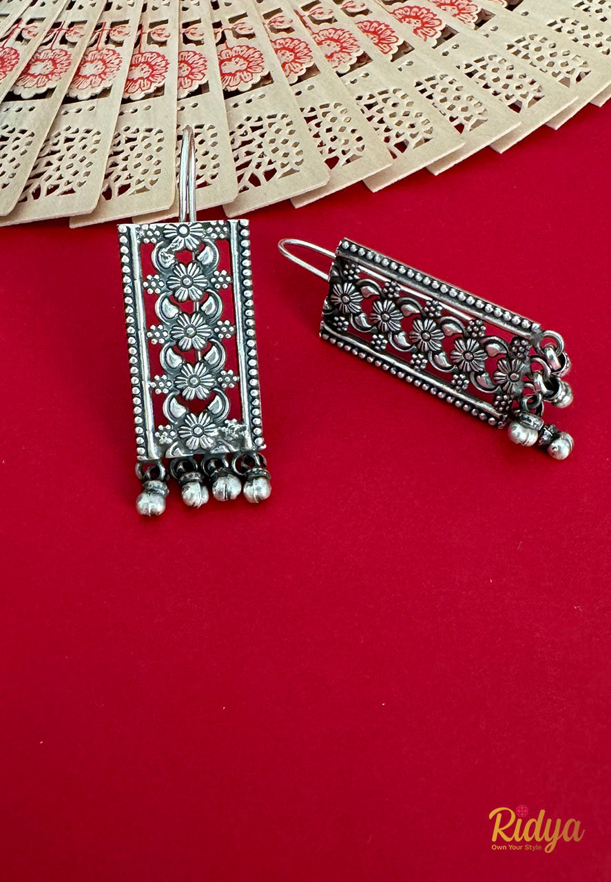 Pure Silver Earrings Online-Intricate Floral Details Fish Hook Earrings (4) Ridya Fashions