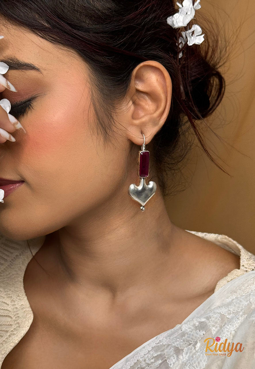 Pure Silver Earrings- Pink Stone Heart Shaped Stylish Dangler Earrings (2) Ridya Fashions