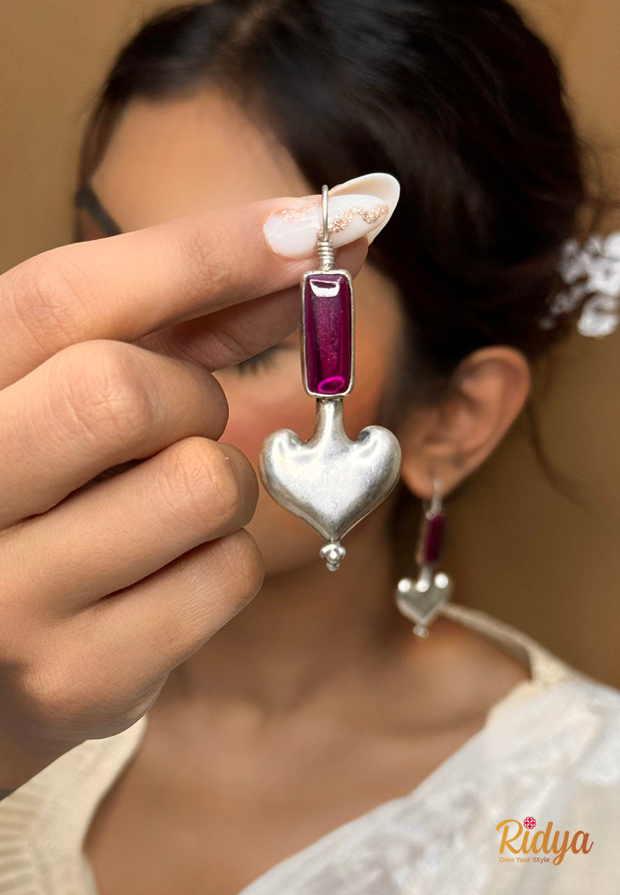 Pure Silver Earrings- Pink Stone Heart Shaped Stylish Dangler Earrings (1) Ridya Fashions