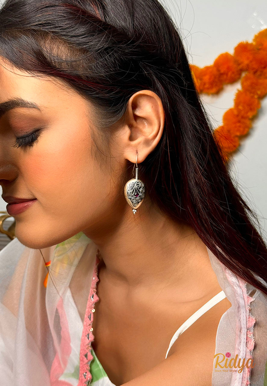 Buy Silver Earrings Online- Ethnic Details Drop Fish Hook Earrings (1) Ridya Fashions