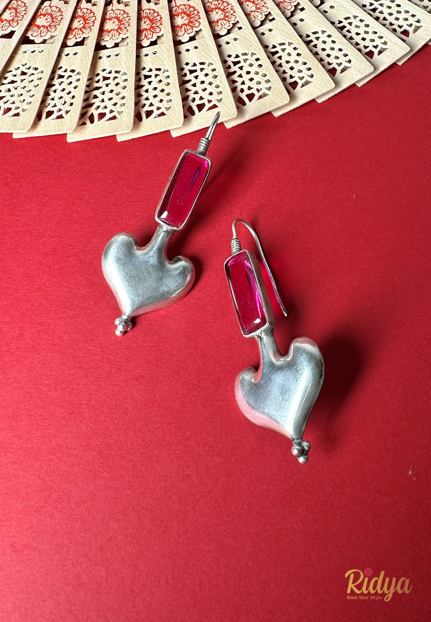 Pure Silver Earrings- Pink Stone Heart Shaped Stylish Dangler Earrings (4) Ridya Fashions