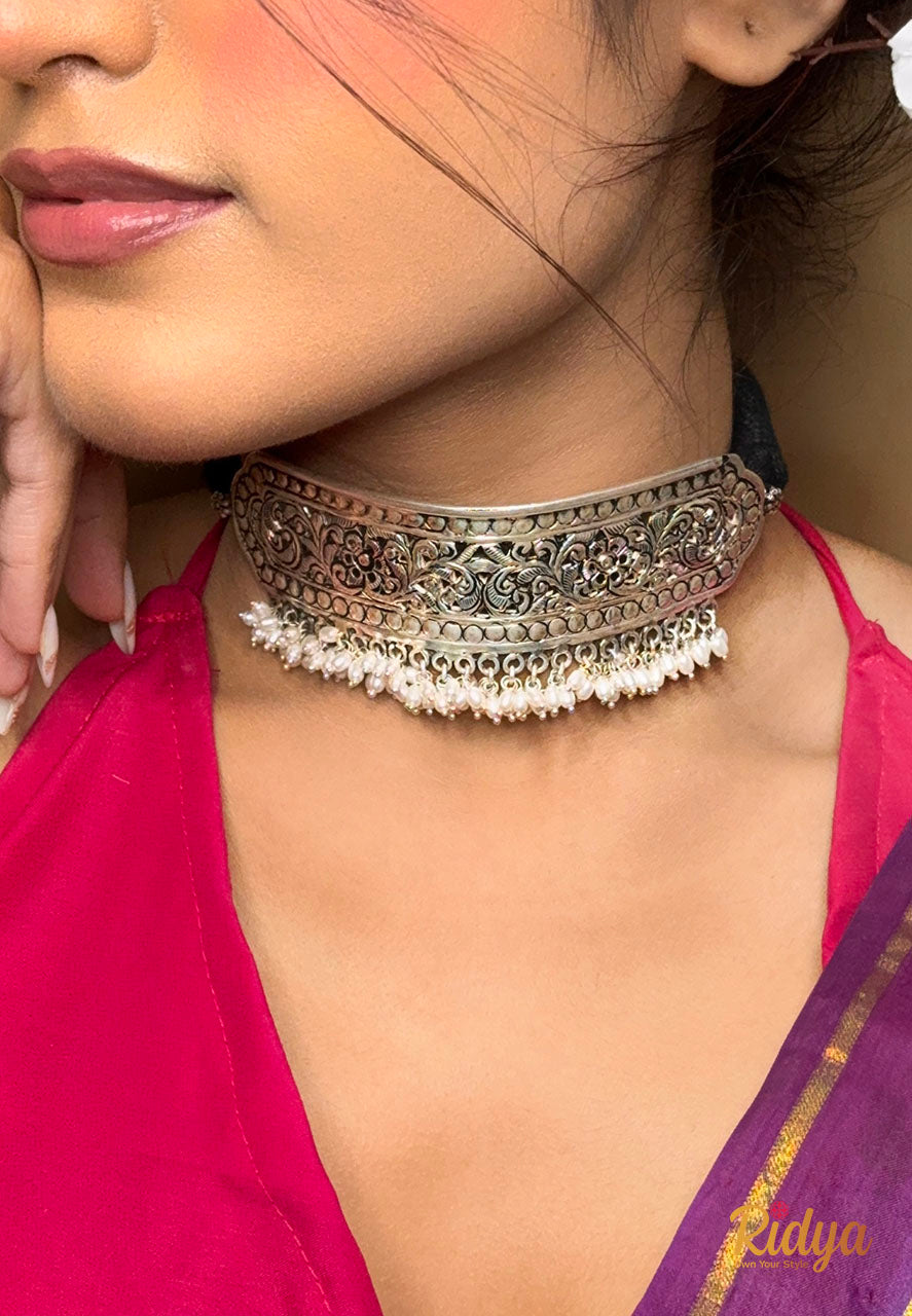 Shop Pure Silver Choker- Chitai Work Pearl Drop Classic Choker Necklace (3) Ridya Fashions