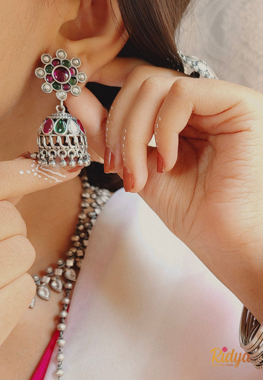 Stone studded Floral Details Jadau Jhumka Earrings