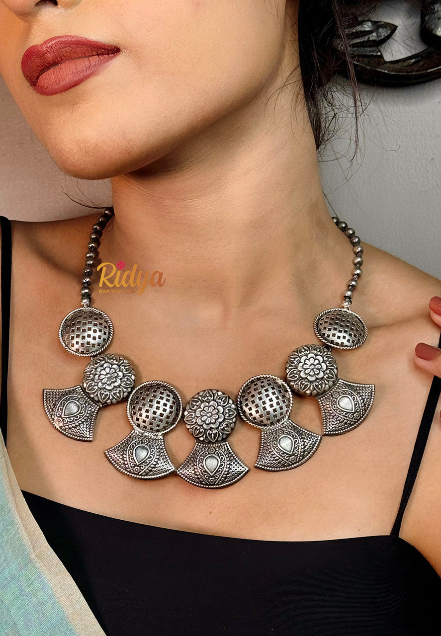 Heavy Silver Necklace-Jaali and Flower Sequence Statement Necklace (2) Ridya Fashions