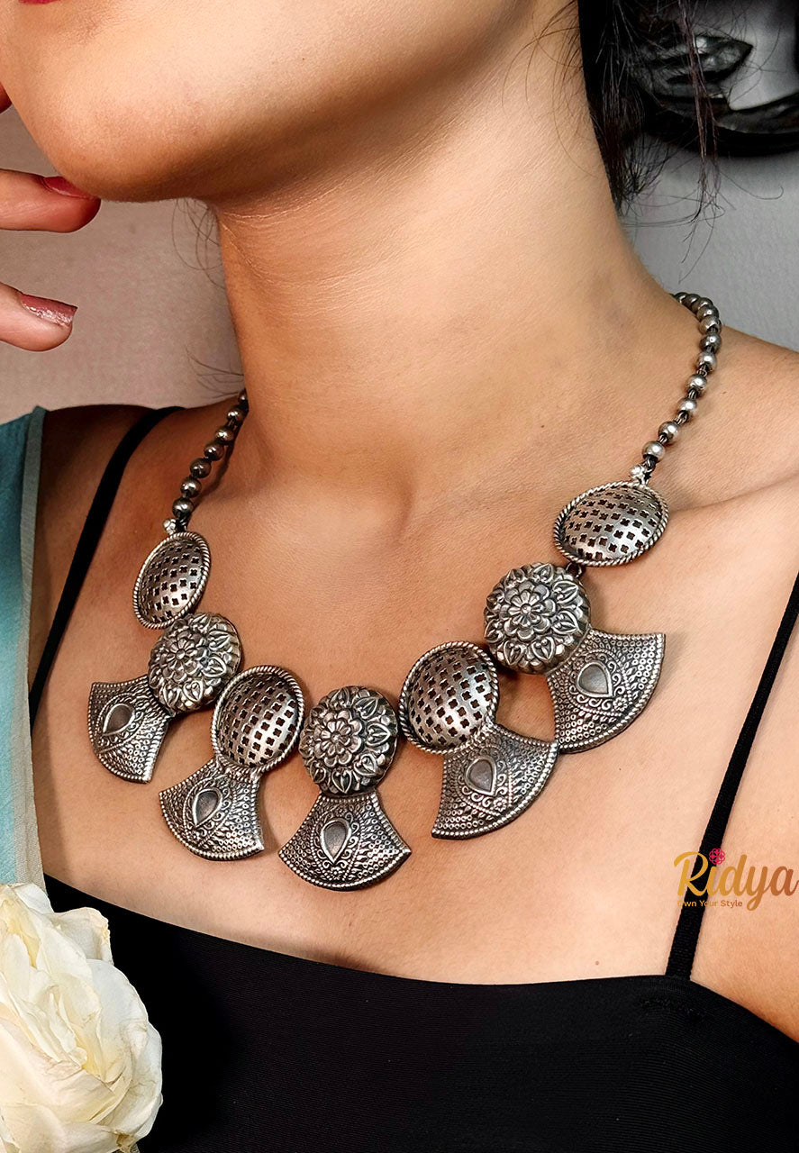 Heavy Silver Necklace-Jaali and Flower Sequence Statement Necklace (1) Ridya Fashions