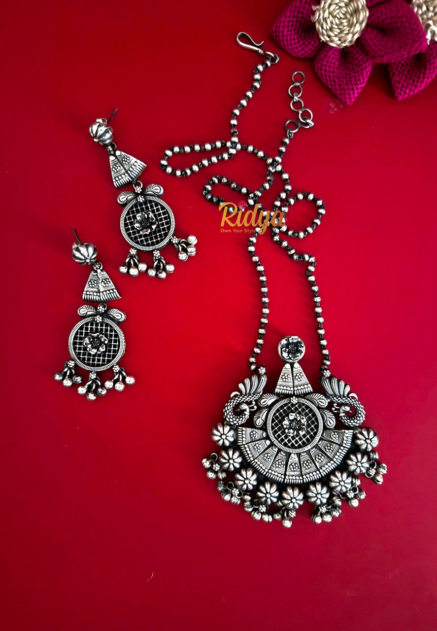 Pure Silver Necklace Set-Jaali Carving Statement Ball Chain Necklace and Earring Set (6) Ridya Fashions