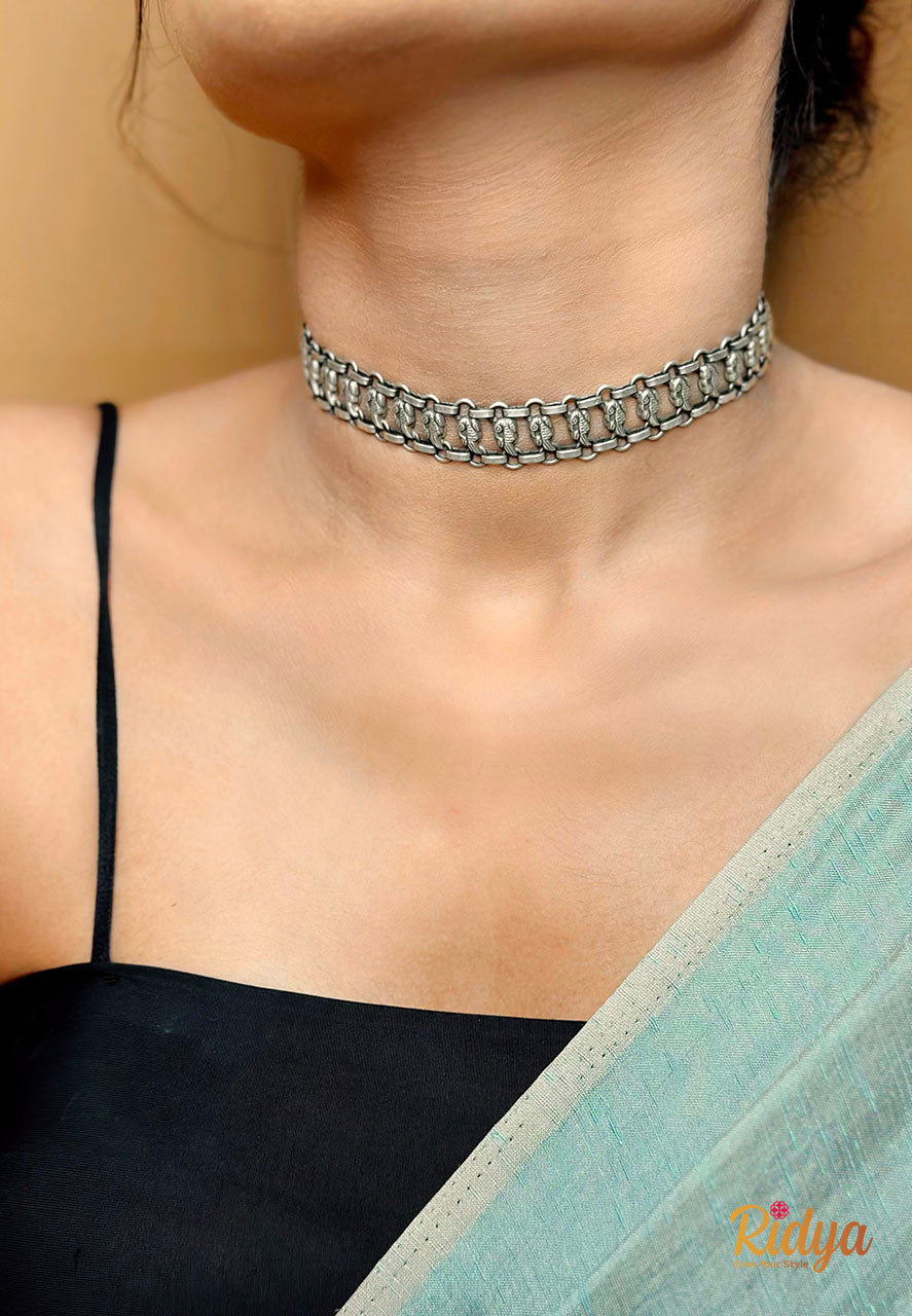 Silver Chokers Online- Intricate Peacock Elegant Choker Necklace (3) Ridya Fashions