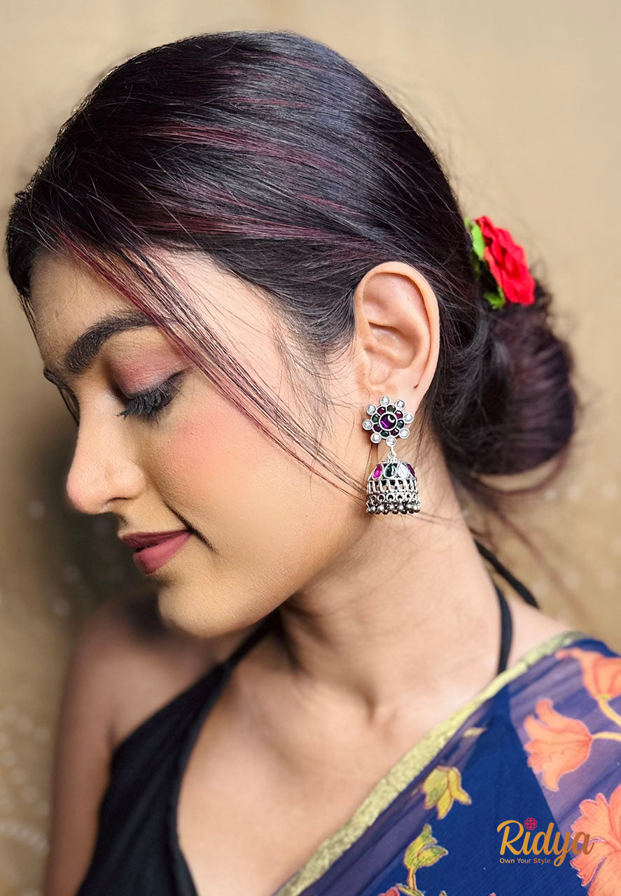 Stone studded Floral Details Jadau Jhumka Earrings