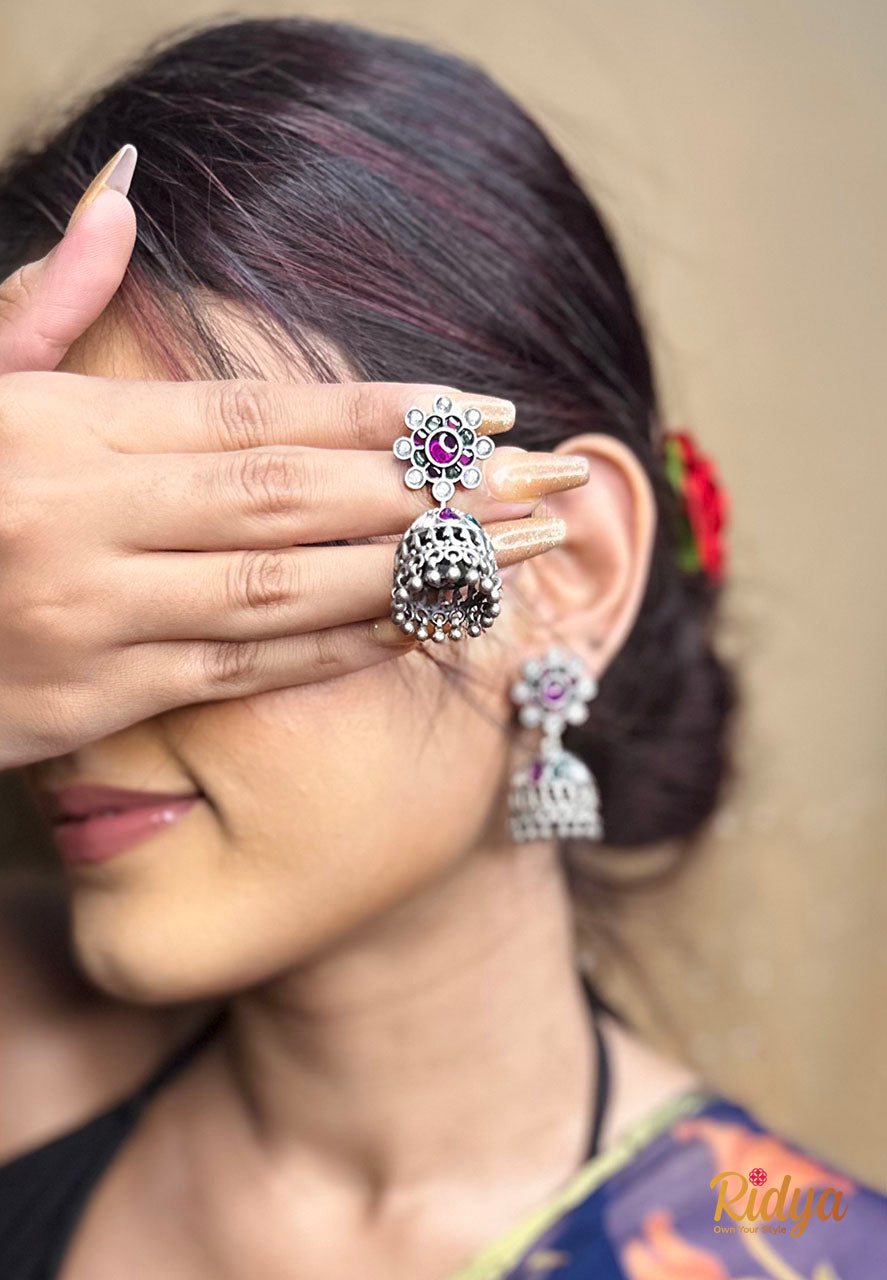 Stone studded Floral Details Jadau Jhumka Earrings