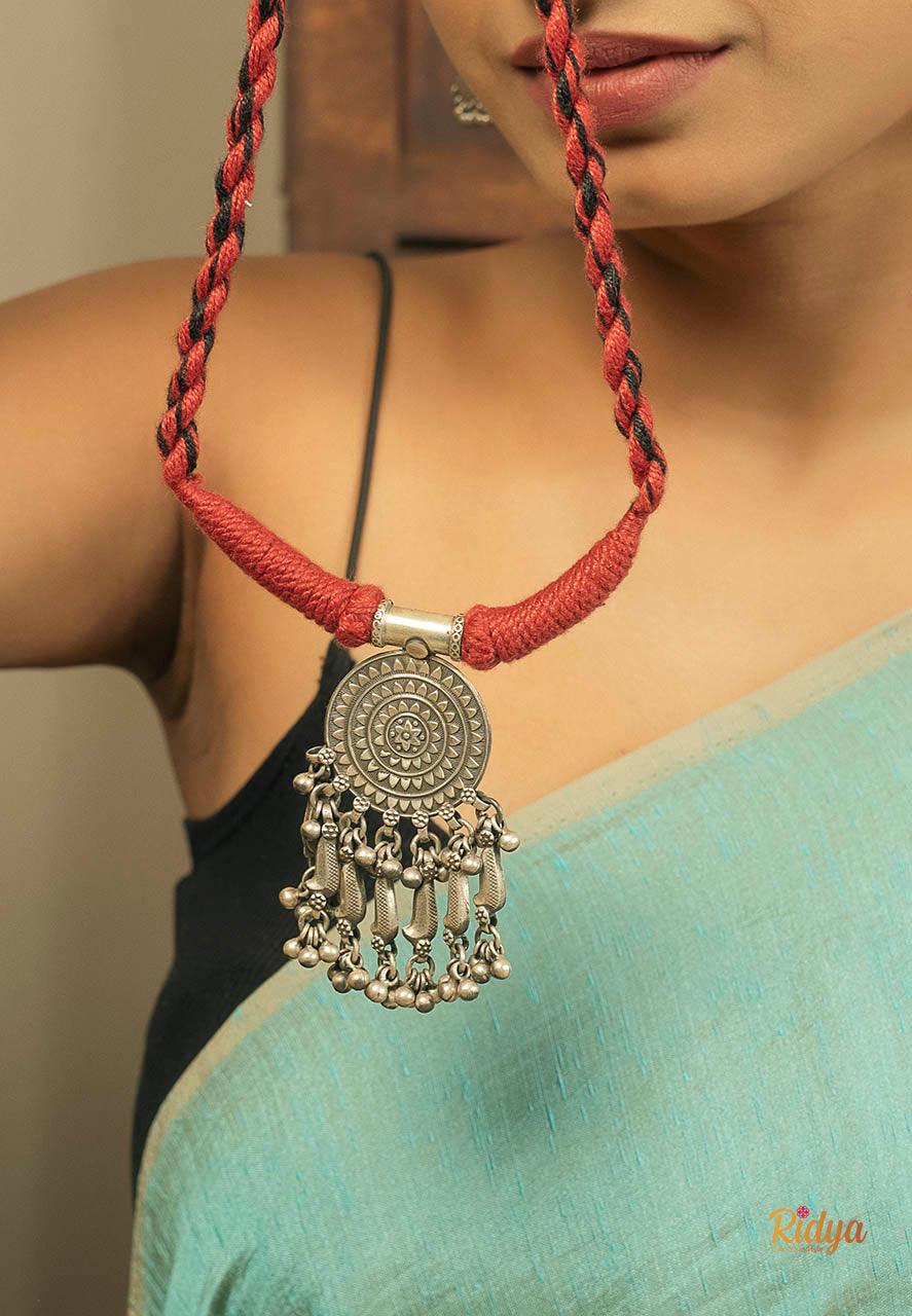 925 Silver Necklace Online-Intricate Sequence Chakra Ghungru Drop Necklace (2) Ridya Fashions