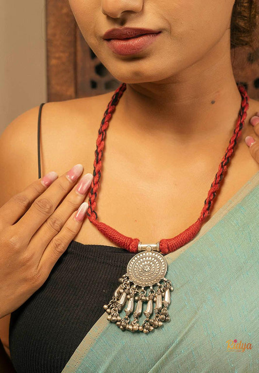 925 Silver Necklace Online-Intricate Sequence Chakra Ghungru Drop Necklace (1) Ridya Fashions