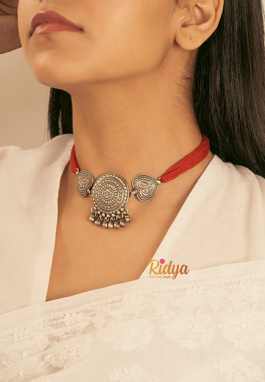 925 Silver Necklace-Intricate Details Chakra and Paan Classic Choker (1) Ridya Fashions